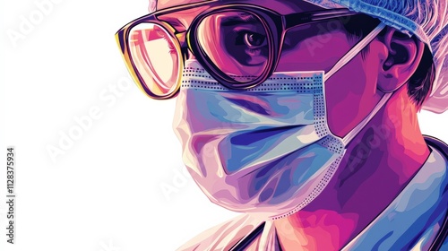 Close-up Portrait of a Medical Professional Wearing Protective Gear, Glasses, and Mask with a Vivid Color Palette, Ideal for Healthcare and Safety Themes photo