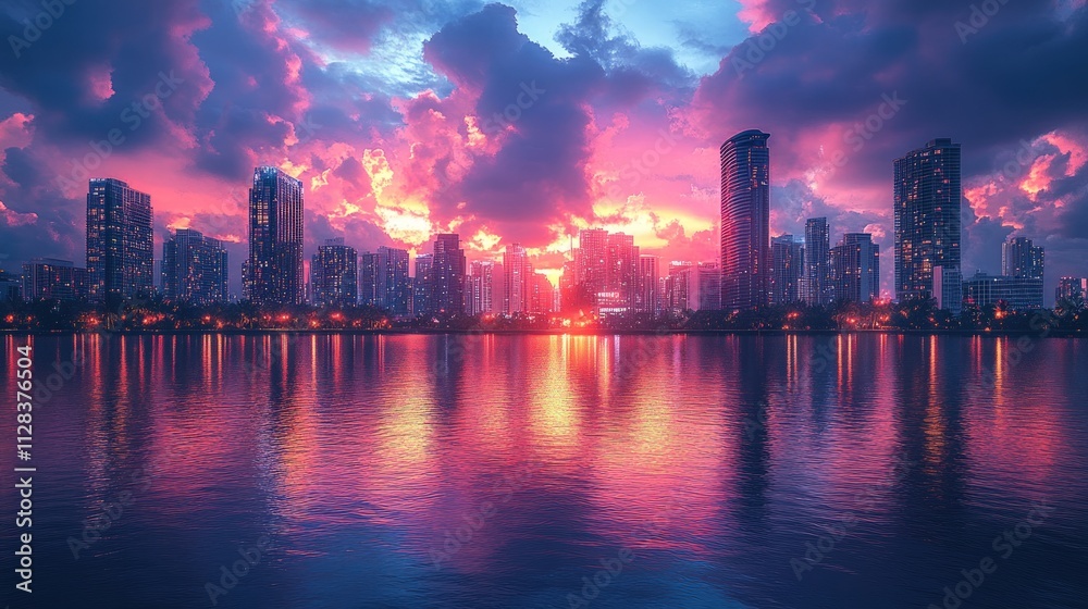 Fototapeta premium Vibrant sunset over a cityscape reflected in calm water.