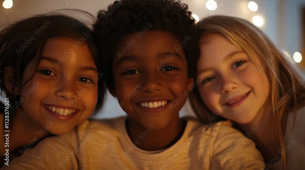 Closeup of three diverse kids, a Black boy with a joyful grin and short curly hair, a South Asian girl with a playful expression and medium-length hair Closeup of three diverse kids, a Black boy with a joyful grin and short curly hair, a South Asian girl with a playful expression and medium-length hair