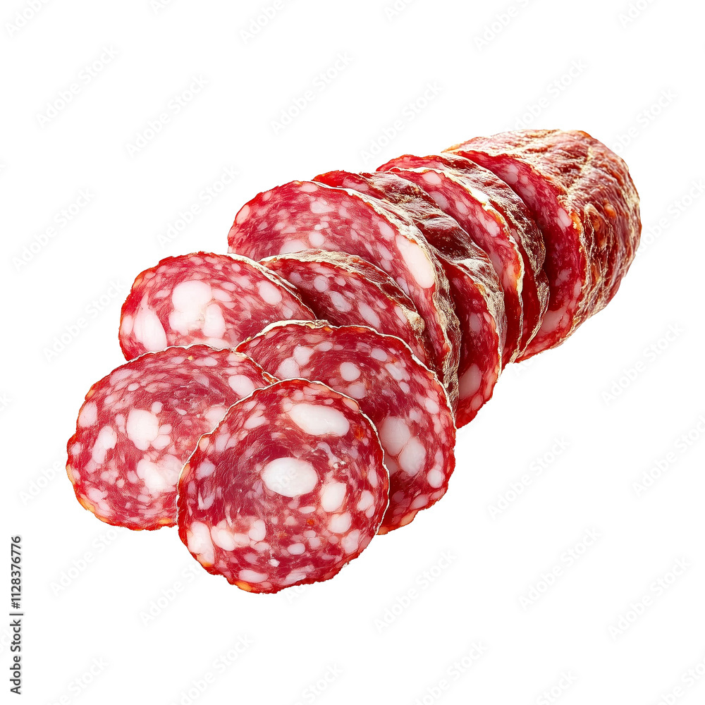Close-up of Saucisson Sec slices isolated on white transparent background. Concept of fresh deli meat and gourmet food. Close-up of Saucisson Sec slices isolated on white transparent background. Concept of fresh deli meat and gourmet food.