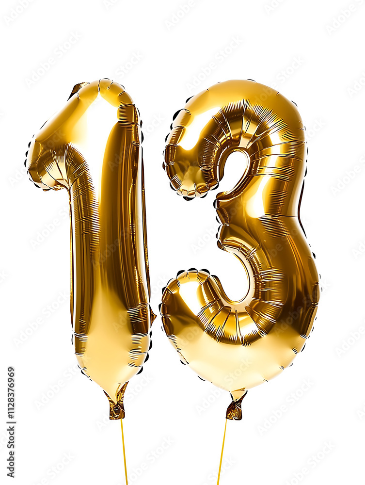 Golden foil balloons shaped as number 13 on white background Golden foil balloons shaped as number 13 on white background