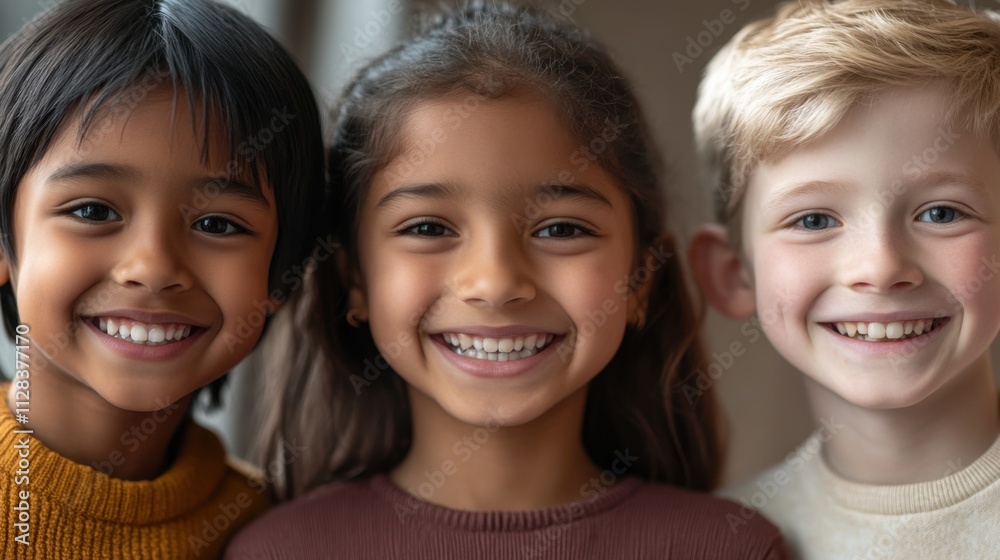 Closeup of three diverse kids, a Black girl with a radiant smile and short hair, a South Asian girl with a joyful expression and long hair Closeup of three diverse kids, a Black girl with a radiant smile and short hair, a South Asian girl with a joyful expression and long hair