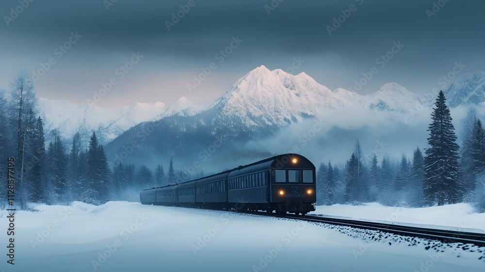 Breathtaking view of a train traversing through a snow covered mountain landscape creating a captivating winter wonderland scene Breathtaking view of a train traversing through a snow covered mountain landscape creating a captivating winter wonderland scene