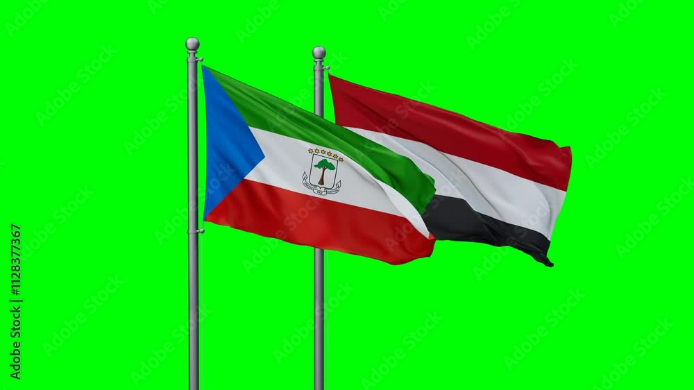 Yemen and Equatorial Guinea flags flying together, video concept of the relationship with colored chroma key for easy background remove, two country cooperation concept Yemen and Equatorial Guinea flags flying together, video concept of the relationship with colored chroma key for easy background remove, two country cooperation concept