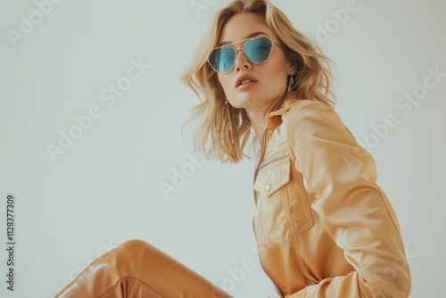 Confident blonde woman in trendy outfit posing on white background.