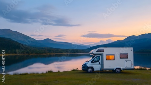 Peaceful scene of RVs parked by a tranquil lake with the setting sun s warm glow reflected beautifully on the calm water s surface photo