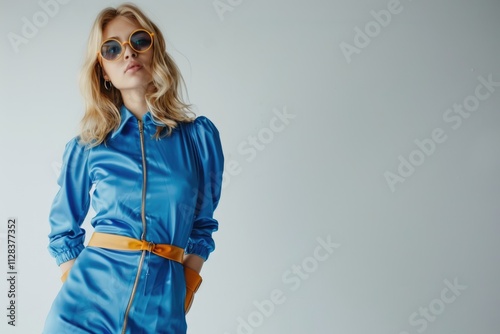 Confident blonde woman in trendy blue dress and boots.