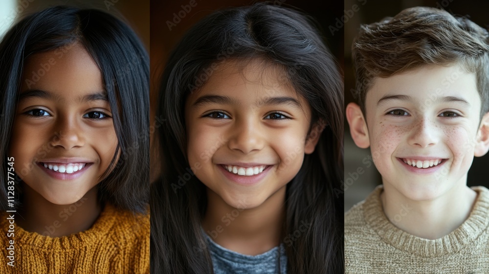 Closeup of three diverse kids, a Black girl with a radiant smile and short hair, a South Asian girl with a joyful expression and long hair Closeup of three diverse kids, a Black girl with a radiant smile and short hair, a South Asian girl with a joyful expression and long hair