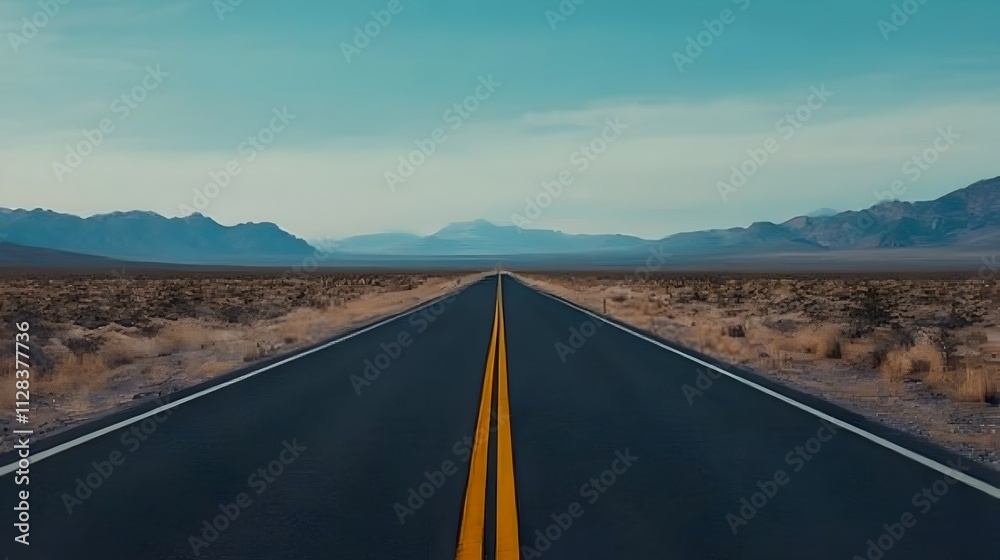 Fototapeta premium A lone car traverses the seemingly endless winding highway through a vast arid desert landscape at the golden hour of twilight capturing the sense of adventure freedom and solitude