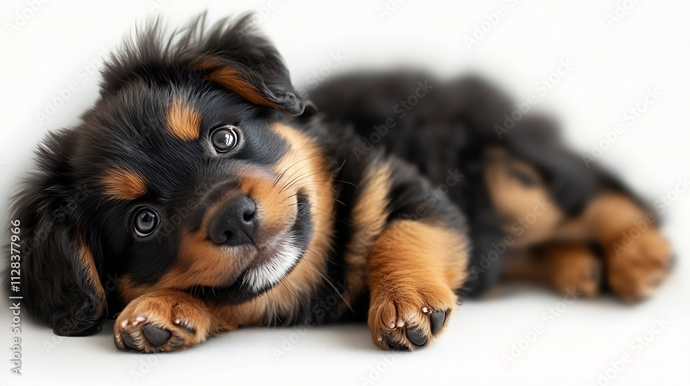 Playful puppy rolling back with a cheeky grin isolated on white background Playful puppy rolling back with a cheeky grin isolated on white background