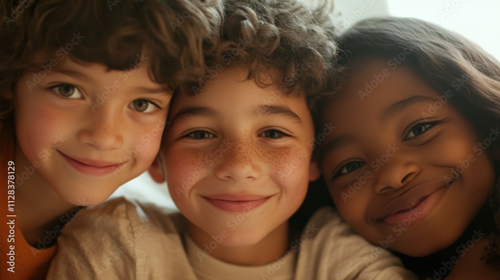 Closeup of three diverse kids, a Hispanic boy with a radiant grin and medium-length hair, a white girl with a joyful expression and short curly hair Closeup of three diverse kids, a Hispanic boy with a radiant grin and medium-length hair, a white girl with a joyful expression and short curly hair