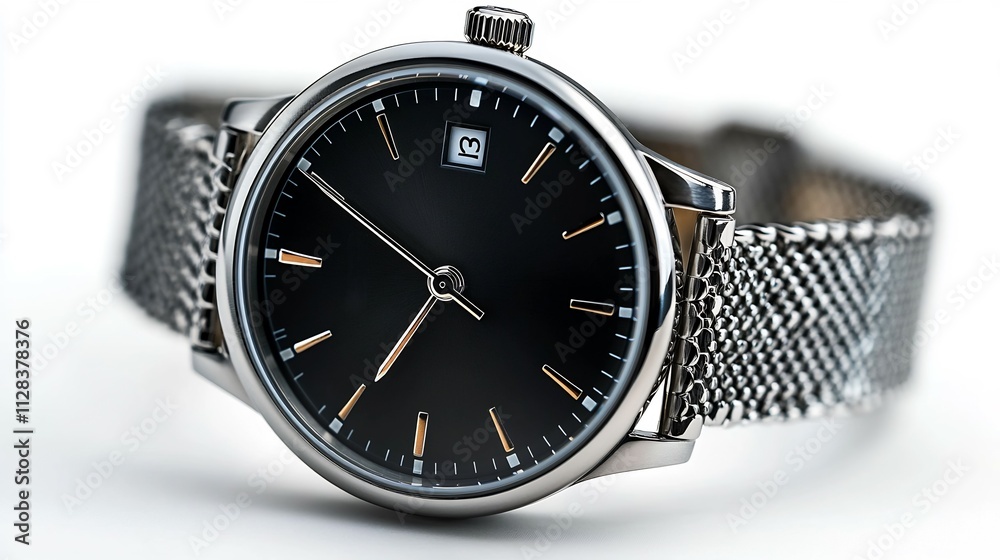 Refined ladies luxury watch minimalist black dial and silver mesh strap ideal for understated elegance isolated on white background Refined ladies luxury watch minimalist black dial and silver mesh strap ideal for understated elegance isolated on white background