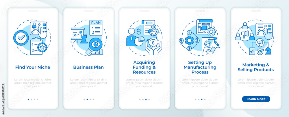 Starting manufacturing business blue onboarding mobile app screen. Walkthrough 5 steps editable graphic instructions with linear concepts. UI, UX, GUI template. Montserrat SemiBold, Regular fonts used Starting manufacturing business blue onboarding mobile app screen. Walkthrough 5 steps editable graphic instructions with linear concepts. UI, UX, GUI template. Montserrat SemiBold, Regular fonts used
