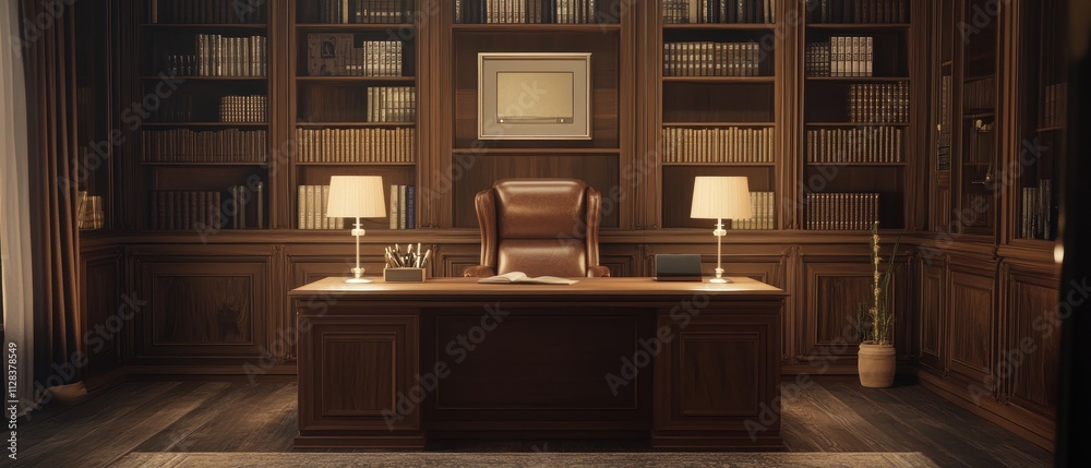 Classic Wooden Home Library with Leather Armchair and Books Classic Wooden Home Library with Leather Armchair and Books