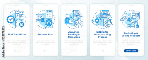 Starting manufacturing business blue onboarding mobile app screen. Walkthrough 5 steps editable graphic instructions with linear concepts. UI, UX, GUI template. Montserrat SemiBold, Regular fonts used