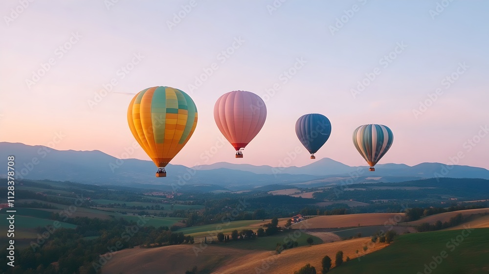 Fototapeta premium Breathtaking view of hot air balloons floating gracefully over a picturesque serene valley at the first light of dawn A stunning atmospheric landscape filled with natural beauty and wonder