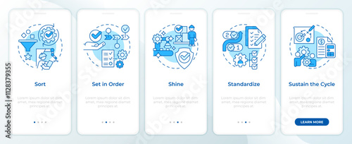 5S methodology blue onboarding mobile app screen. Walkthrough 5 steps editable graphic instructions with linear concepts. UI, UX, GUI template. Montserrat SemiBold, Regular fonts used