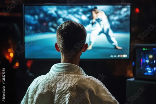 Watching a martial arts competition on screen during training session at a dojo