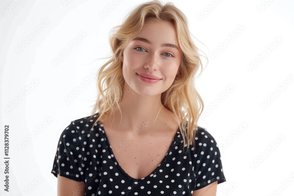 Blonde female model rejoices in polka dot shirt portrait Blonde female model rejoices in polka dot shirt portrait