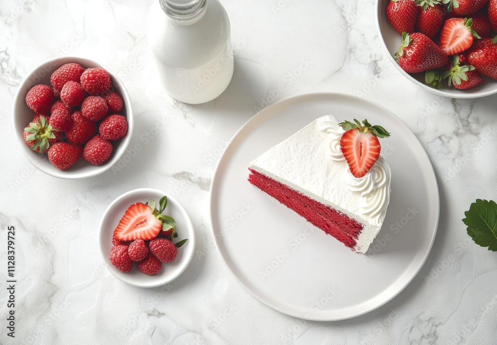Delightful Red Velvet Cake Sliced and Served on a Plate Surrounded by Fresh Strawberries and Raspberries with a Glass Bottle of Milk Delightful Red Velvet Cake Sliced and Served on a Plate Surrounded by Fresh Strawberries and Raspberries with a Glass Bottle of Milk