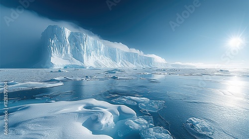 An expansive icy landscape with towering, crystalline blue icebergs and vast sheets of snow under a clear, bright sky.