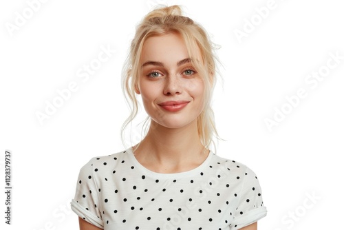 Blonde female model rejoices in polka dot shirt portrait