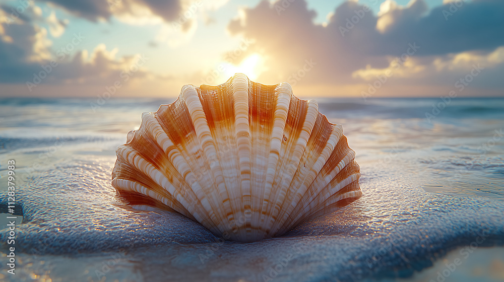 Sunlight glimmers on a shell resting on a beach at sunset near the ocean waves and clouds. Generative AI Sunlight glimmers on a shell resting on a beach at sunset near the ocean waves and clouds. Generative AI