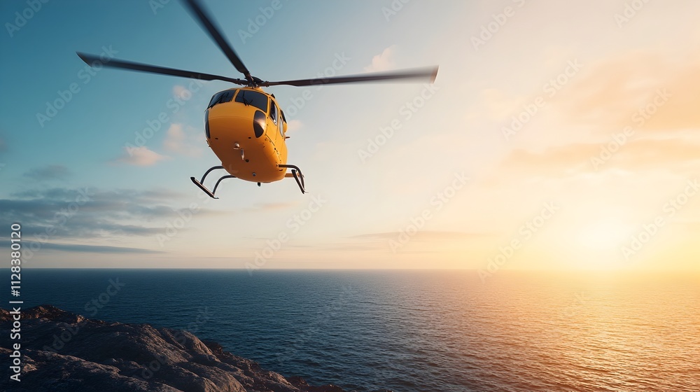 Aerial view of a rescue helicopter hovering above a rocky cliffside preparing to carry out an important emergency in a coastal mountainous landscape Aerial view of a rescue helicopter hovering above a rocky cliffside preparing to carry out an important emergency in a coastal mountainous landscape
