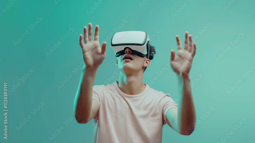 A young man wearing opaque virtual reality goggles, raising one hand to touch something