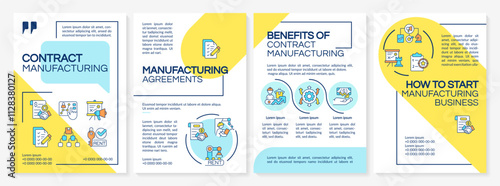 Contract manufacturing yellow and blue brochure template. Benefits, agreements and business tips. Leaflet design with linear icons. Editable 4 vector layouts. Questrial, Lato-Regular fonts used