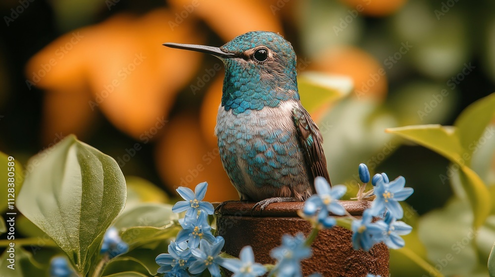Fototapeta premium Vibrant Blue Hummingbird Perched on Rusty Metal Amongst Blue Flowers