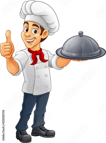 A chef or baker cartoon cook giving thumbs up and holding a platter plate with cloche mascot character illustration