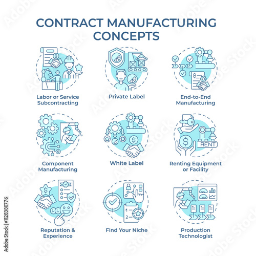 Contract manufacturing light blue concept icons. Outsourced production. Equipment rental. Private labeling, white labeling. Icon pack. Vector images. Round shape illustrations. Abstract idea