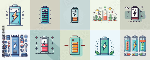 Battery vector set with simple and minimalist flat design style