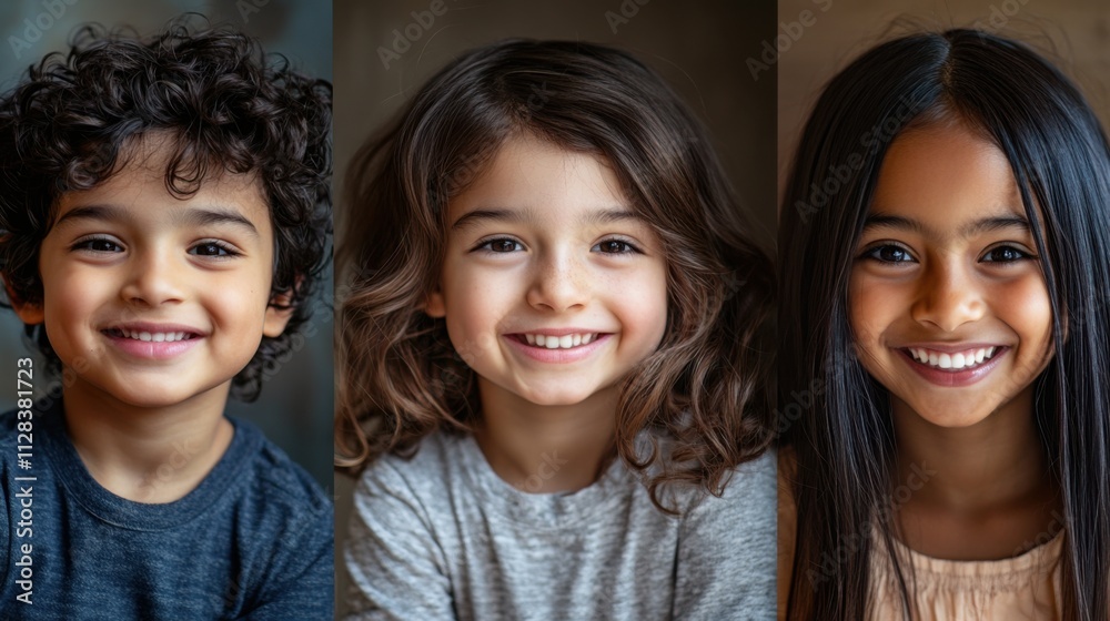 Closeup of three diverse kids, a South Asian boy with a bright smile and short hair, a Black girl with braided hair and a joyful expression Closeup of three diverse kids, a South Asian boy with a bright smile and short hair, a Black girl with braided hair and a joyful expression