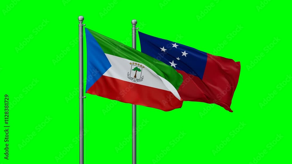Samoa and Equatorial Guinea flags flying together, video concept of the relationship with colored chroma key for easy background remove, two country cooperation concept Samoa and Equatorial Guinea flags flying together, video concept of the relationship with colored chroma key for easy background remove, two country cooperation concept