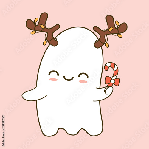 cute hand drawn cartoon character baby ghost with reindeer antler and candy cane funny christmas holiday vector illustration for winter greeting card photo