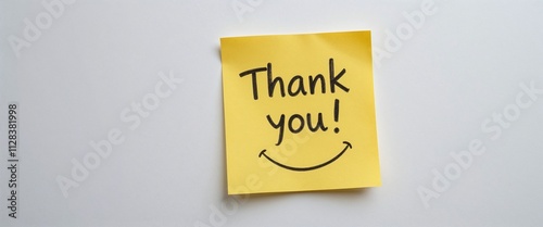 Yellow sticky note with 'Thank you!' written in bold black letters on a light gray background. photo