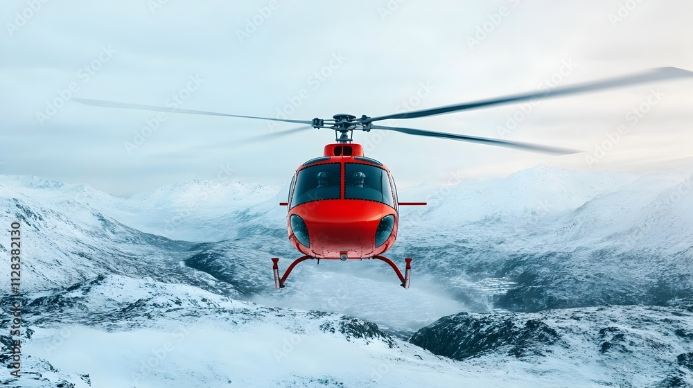 Obraz premium Rescue Helicopter Hovering Over Snow Covered Mountain Range Preparing for Critical Winter Rescue in Extreme Conditions