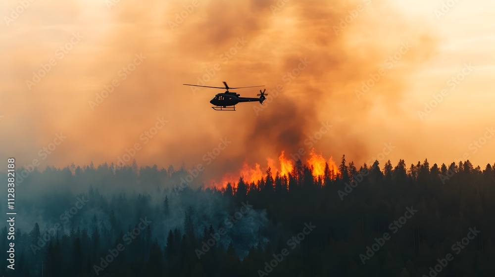 Aerial view of a helicopter flying low over a raging forest fire with thick smoke billowing up from the burning trees and vegetation below The helicopter is likely responding to the emergency Aerial view of a helicopter flying low over a raging forest fire with thick smoke billowing up from the burning trees and vegetation below The helicopter is likely responding to the emergency