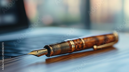 a close up picture of a pen on a computer and noteboo photo