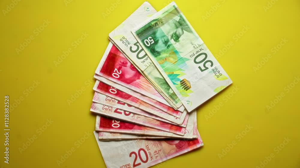Israeli shekel banknotes fanned out on a vibrant yellow background, showcasing the colorful currency prominently. Israeli shekel banknotes fanned out on a vibrant yellow background, showcasing the colorful currency prominently.