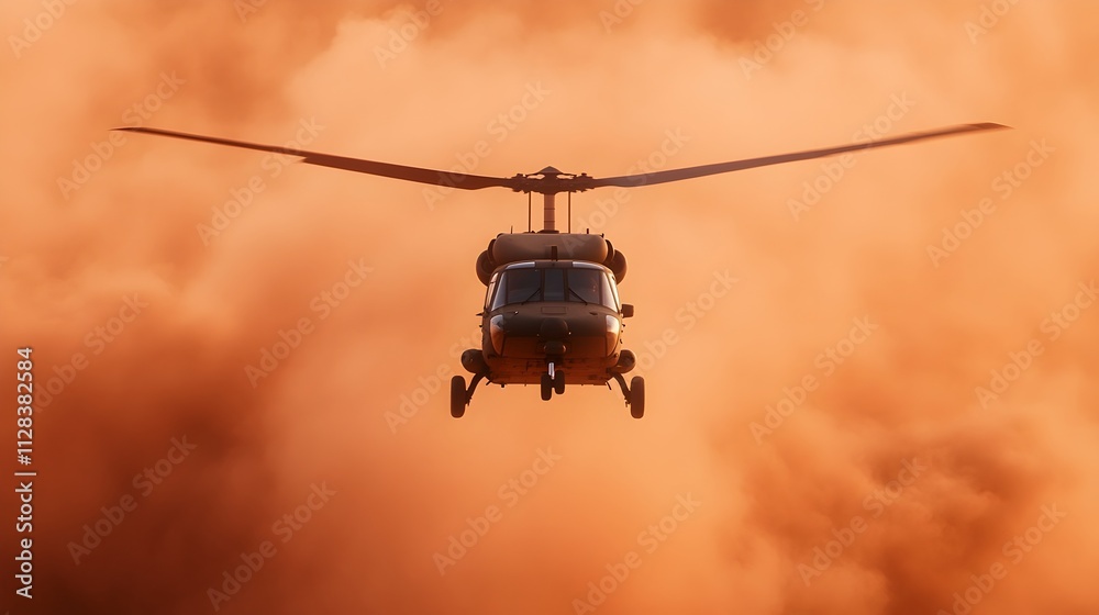 Dramatic scene of a military helicopter touching down at a remote desert outpost kicking up a cloud of swirling dust in the air as it lands The tactical aircraft is part of a military in the harsh Dramatic scene of a military helicopter touching down at a remote desert outpost kicking up a cloud of swirling dust in the air as it lands The tactical aircraft is part of a military in the harsh