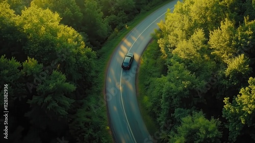 Car driving on winding road through lush green forest