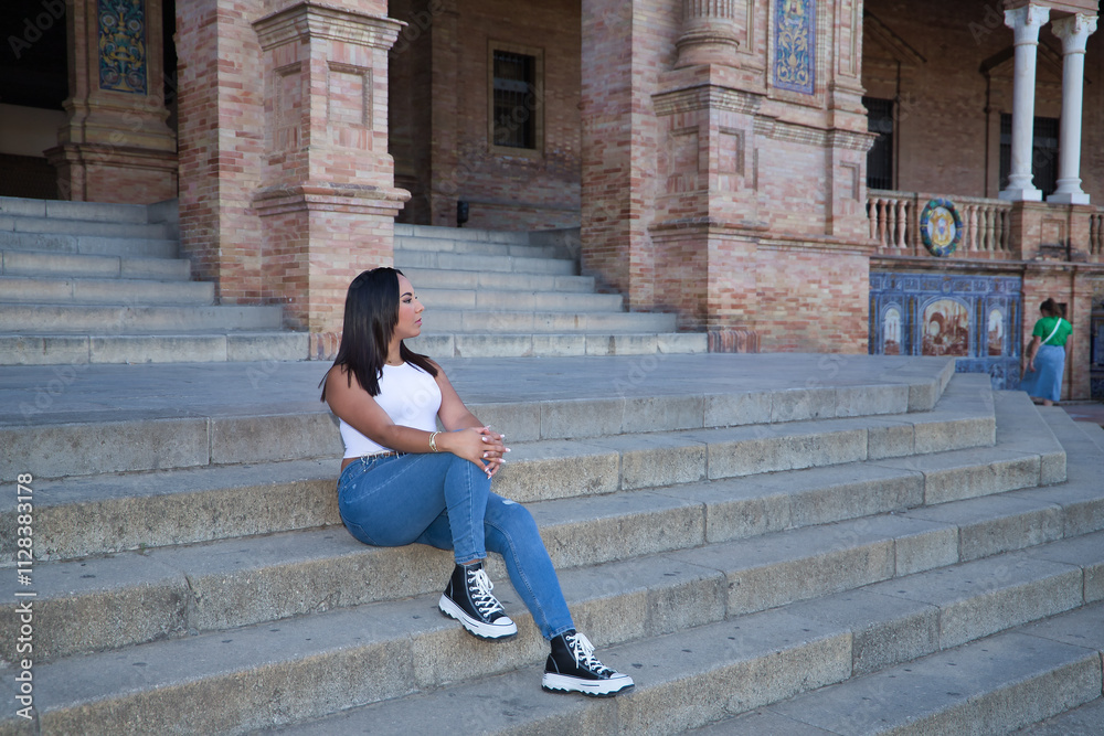 Moroccan woman, young, beautiful, brunette, in white top and jeans, relaxed and calm looking at infinity, sitting on some steps. Concept of ethnicity, diversity, femininity, beauty. Moroccan woman, young, beautiful, brunette, in white top and jeans, relaxed and calm looking at infinity, sitting on some steps. Concept of ethnicity, diversity, femininity, beauty.