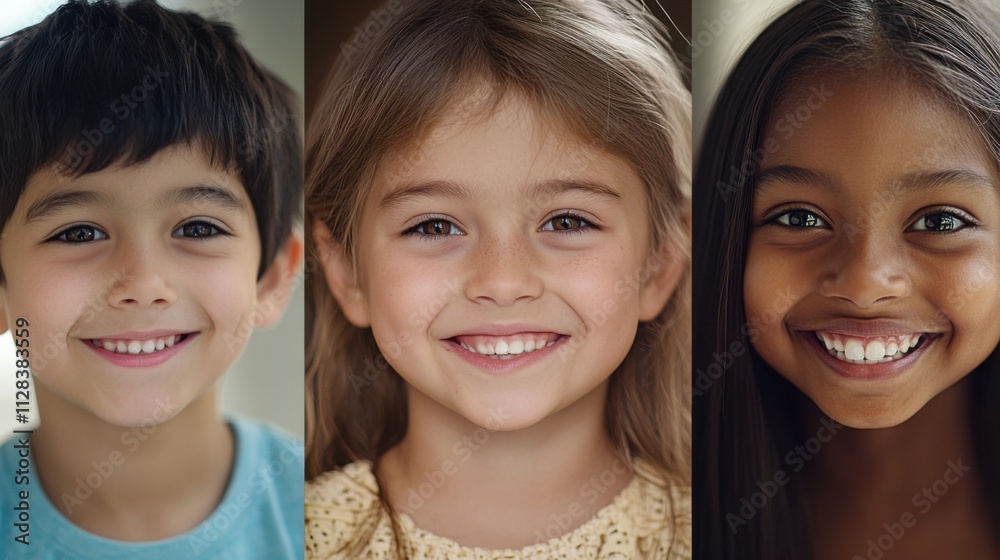Closeup of three diverse kids, a South Asian boy with a radiant grin and short hair, a white girl with a cheerful expression and medium-length hair Closeup of three diverse kids, a South Asian boy with a radiant grin and short hair, a white girl with a cheerful expression and medium-length hair