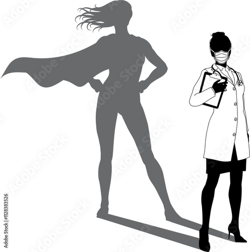 A superhero medical doctor woman health care worker revealed by her shadow silhouette as a super hero in a cape.