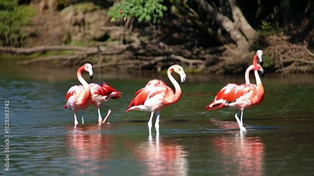 Super slow motion of group of pink flamingo birds walking around in water of blue lagoon in natural habitat surrounded by green jungles nature. Animals protection and conservation Super slow motion of group of pink flamingo birds walking around in water of blue lagoon in natural habitat surrounded by green jungles nature. Animals protection and conservation