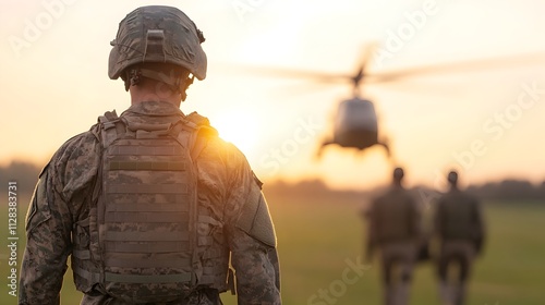 Aerial view of a helicopter taking off from a military base with a group of soldiers rapidly boarding the aircraft under a bright clear sky The scene captures the speed power