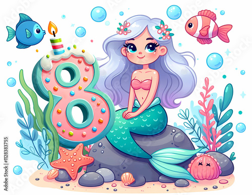 kids celebration birthday card with mermaid candle number eight